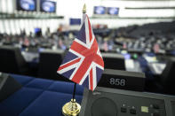 The Union Jack is seen Tuesday, Oct. 22, 2019 at the European Parliament in Strasbourg. Britain faces another week of political gridlock after British lawmakers on Monday denied Prime Minister Boris Johnson a chance to hold a vote on the Brexit divorce bill agreed in Brussels last Thursday. (AP Photo/Jean-Francois Badias)