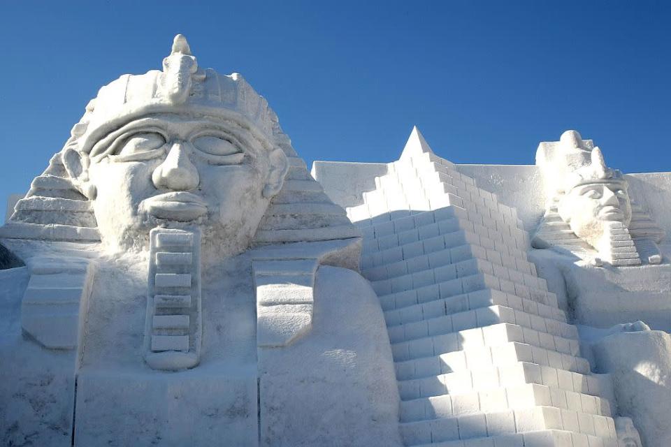 A snow sculpture of the Great Sphinx of Giza is displayed at Odori Park in Sapporo, Japan.