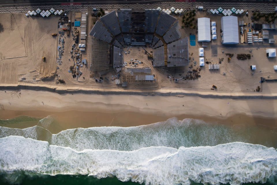 This is the construction site of the Olympic beach volleyball stadium at Copacabana Beach, the same place where a mutilated body was washed up. Photo: AFP