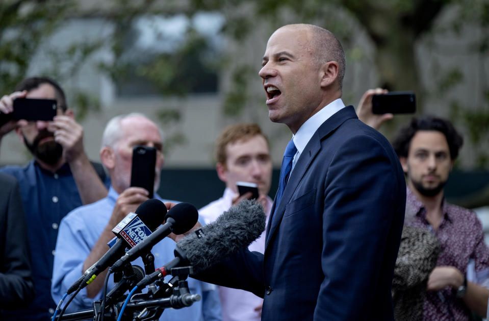 California attorney Michael Avenatti makes a statement to the press after leaving a courthouse in New York Tuesday, July 23, 2019. Avenatti is accused of cheating porn star Stormy Daniels out of $300,000 in a book deal. (AP Photo/Craig Ruttle)