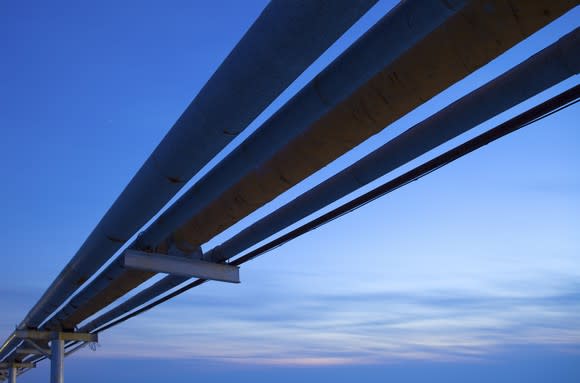 Pipelines with a blue sky in the background.