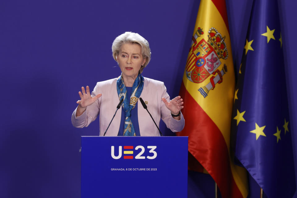 European Commission President Ursula von der Leyen speaks during the closing news conference on the 2nd day of the Europe Summit in Granada, Spain, Friday, Oct. 6, 2023. (AP Photo/Fermin Rodriguez)