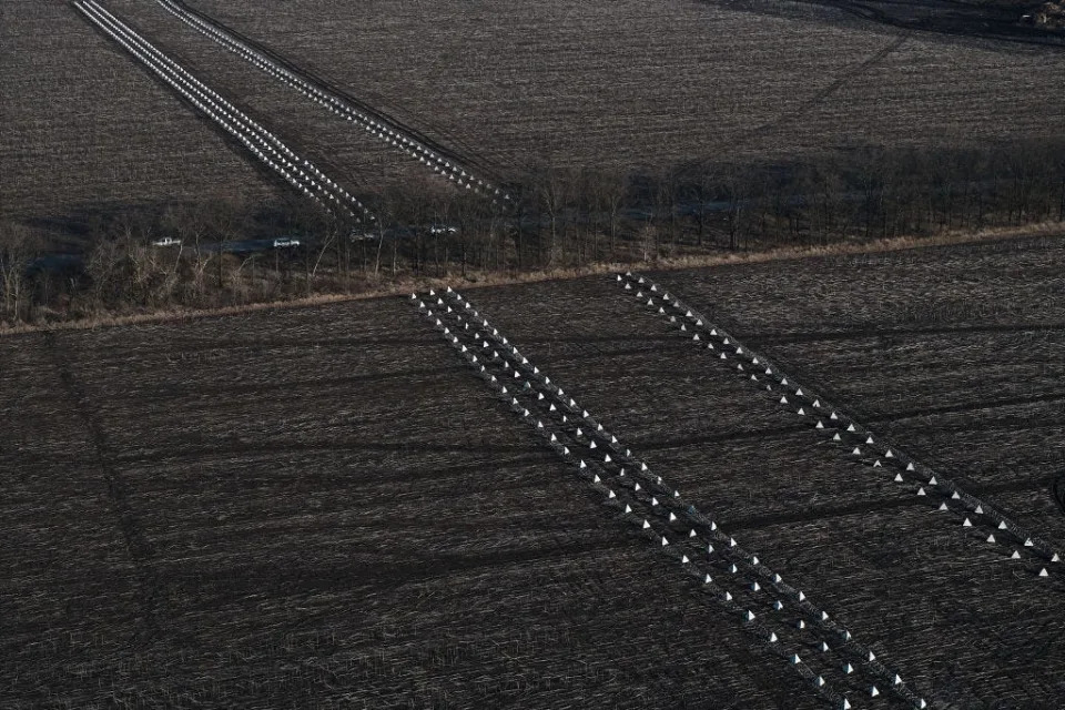 Drone view of "Dragon's teeth", anti-tank obstacles, seen on the new defense line on March 12, 2024 in Kharkiv region, Ukraine.