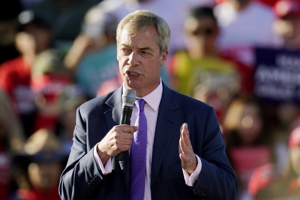 Nigel Farage, a former member of the European Parliament representing the UK and member of the Brexit Party, speaks at a campaign rally for President Donald Trump at Phoenix Goodyear Airport Wednesday, Oct. 28, 2020, in Goodyear, Ariz. (AP Photo/Ross D. Franklin)