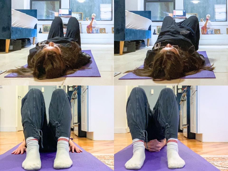 Four photos of the the author on the ground doing yoga on a purple mat