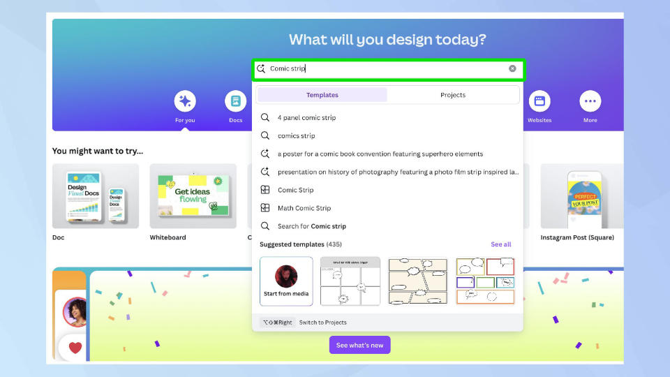 Screenshot of Canva with 'Comic strip' typed into the search bar