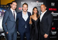 <p><em><em>In 2014, Saldana joined the Marvel Universe as Gamora in the smash hit <em>Guardians of the Galaxy</em>. She posed with co-stars Lee Pace, Chris Pratt, and Vin Diesel at the New York premiere on July 29, 2014. (Photo: Charles Sykes/AP) </em></em></p>