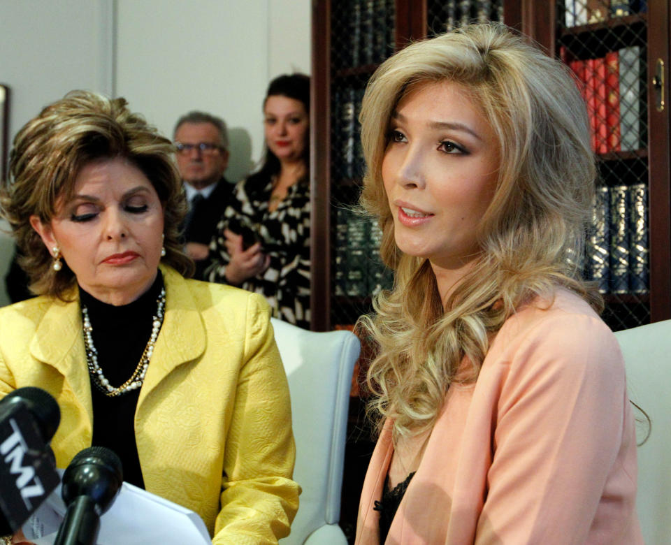 Jenna Talackova, right, a transgender Miss Canada competitor, appears with her attorney Gloria Allred at a news conference in Los Angeles on April 3, 2012.