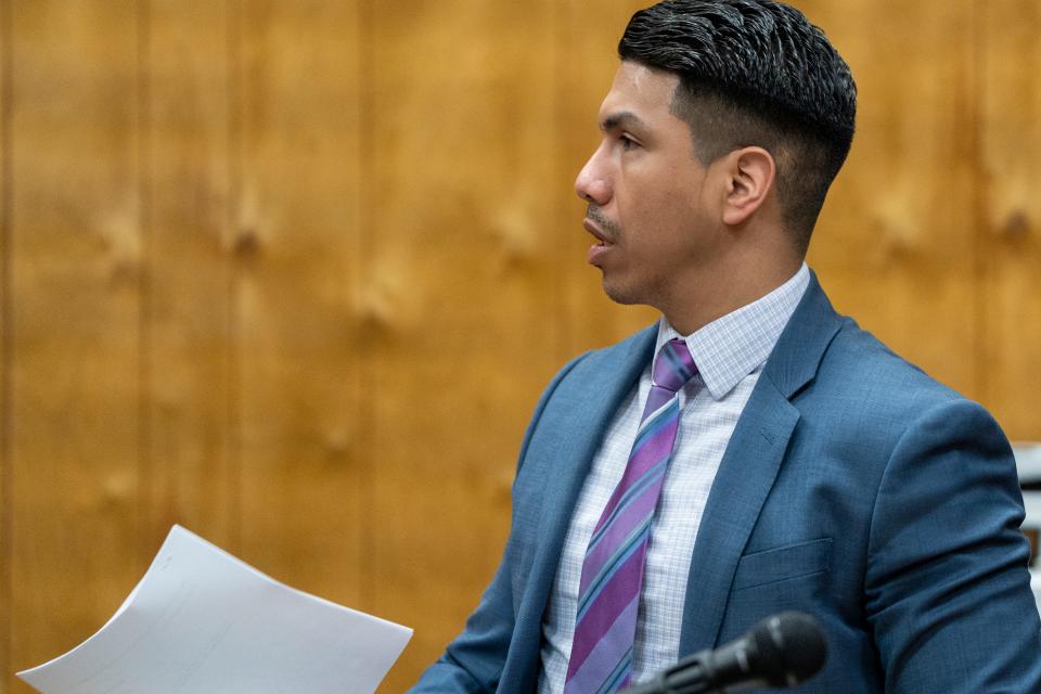 Apr 9, 2024; Paterson, NJ, United States; Jonathan Barrera, the attorney for the state, reads a statement during the Justin Fisher hearing at Passaic County Courthouse on Thursday morning. Fisher pleaded guilty to second-degree desecration of human remains and third-degree hindering apprehension in Stephanie DeJesus' murder.