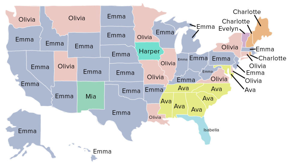 The most popular&nbsp;names for baby girls in each state. (Photo: Isabella Carapella/HuffPost)