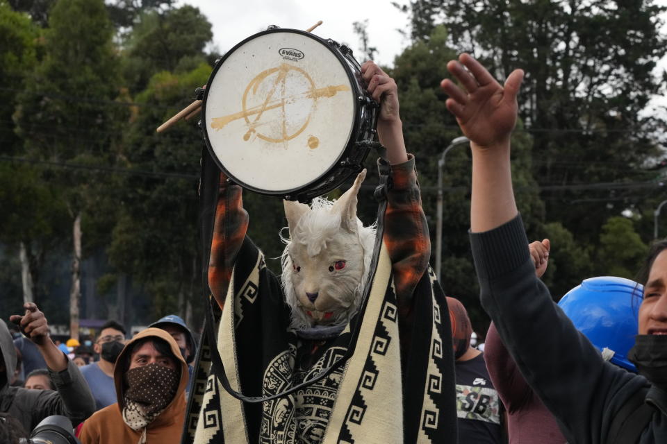 A protester dressed as a llama, takes part in a rally showing support for the recent protests and national strike against the government of President Guillermo Lasso, near the National Assembly, in Quito, Ecuador, Saturday, June 25, 2022. Ecuador’s president charged Friday that the Indigenous leader heading the nationwide strike is seeking to stage a coup and warned he will use all legal tools to contain the violence unleashed by the demonstrations. (AP Photo/Dolores Ochoa)