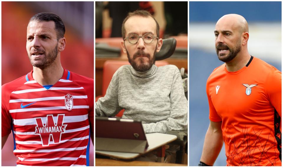 Los futbolistas Roberto Soldado y Pepe Reina y el portavoz de Unidas Podemos en el Congreso Pablo Echenique. (Foto: Alex Caparros / Getty Images / Eduardo Parra / Getty Images / Matteo Ciambelli / DeFodi Images / Getty Images).