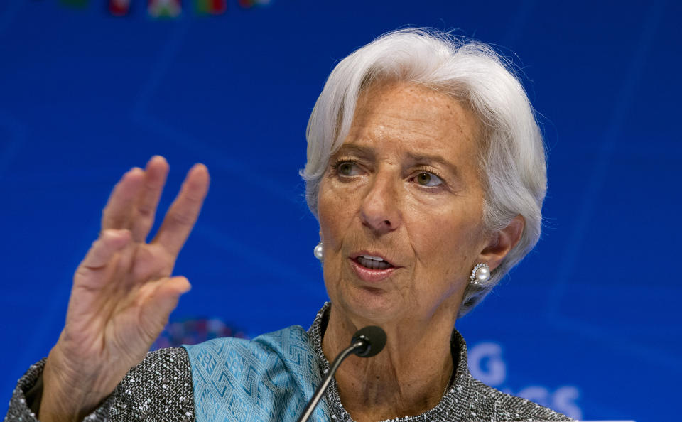 FILE - In this April 13, 2019, file photo, International Monetary Fund (IMF) managing director Christine Lagarde speaks during a news conference after the International Monetary and Financial Committee (IMFC) conference at the World Bank/IMF Spring Meetings in Washington, Lagarde said Tuesday, July 16, 2019, she will resign as managing director of the International Monetary Fund in light of her nomination to be the next president of the European Central Bank. (AP Photo/Jose Luis Magana, File)