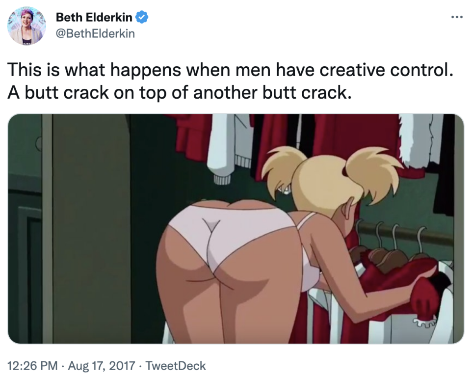 "this is what happens when men have creative control. a butt crack on top of another butt crack" with a photo of a cartoon woman bending over in underwear