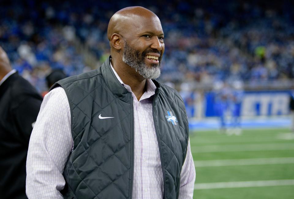 Detroit Lions general manager Brad Holmes watches warmups before the game against the Carolina Panthers at Ford Field, Oct. 8, 2023.