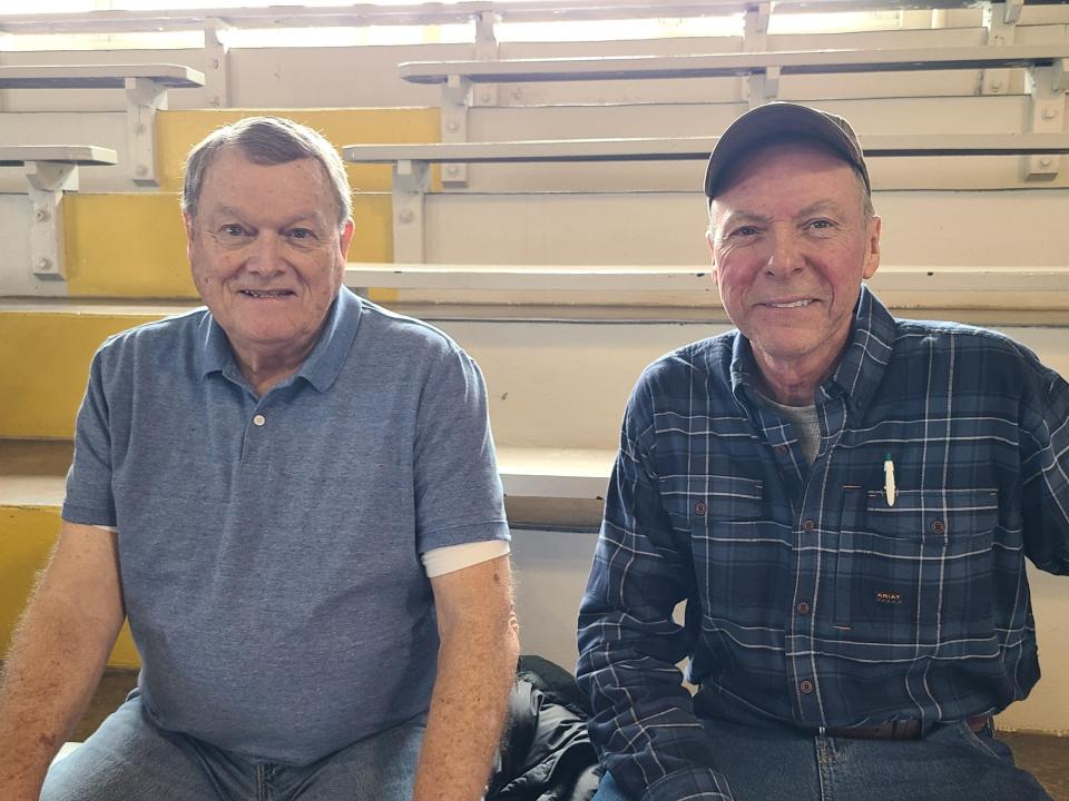 Jerry Owens (left) started his coaching career at Pine Village in 1969. Eric Brutus (right) was 14 when his brother Bax died. Services were held in the gym.