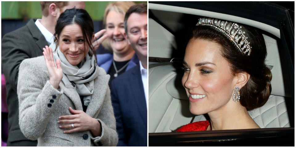 Meghan and Kate both really stood out and got significantly higher marks than the three other princesses on the “golden ratio.” <em>(Photo: Getty)</em>