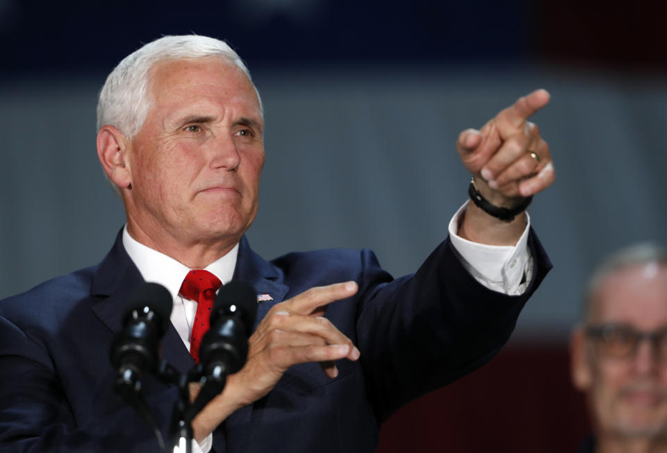 Vice President Mike Pence points to an audience member as he speaks during a visit to Nellis Air Force Base in Las Vegas, Friday, Sept. 7, 2018. (Steve Marcus/Las Vegas Sun via AP)