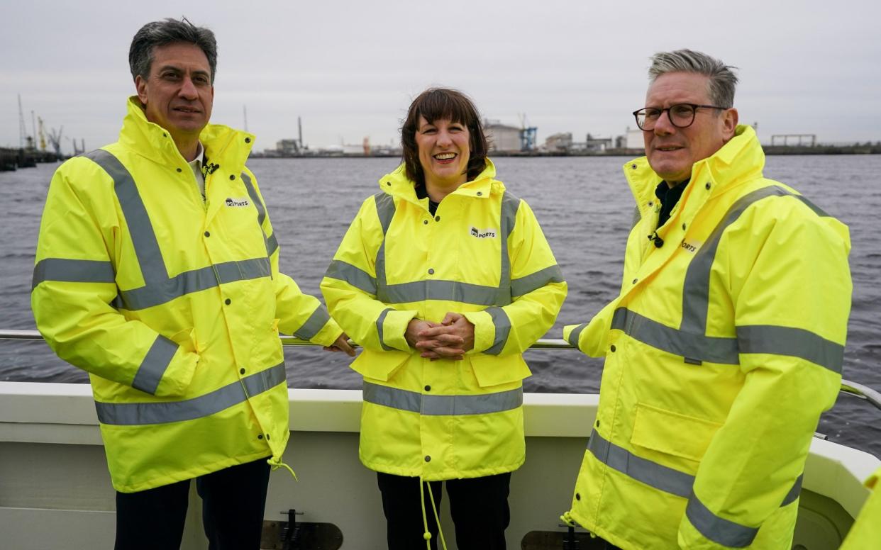 Sir Keir Starmer, Rachel Reeves and Ed Miliband are pictured today during a visit to Teesside