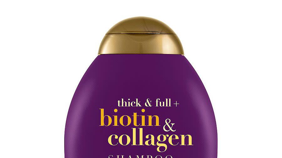 A bottle of OGX Thick & Full Biotin & Collagen