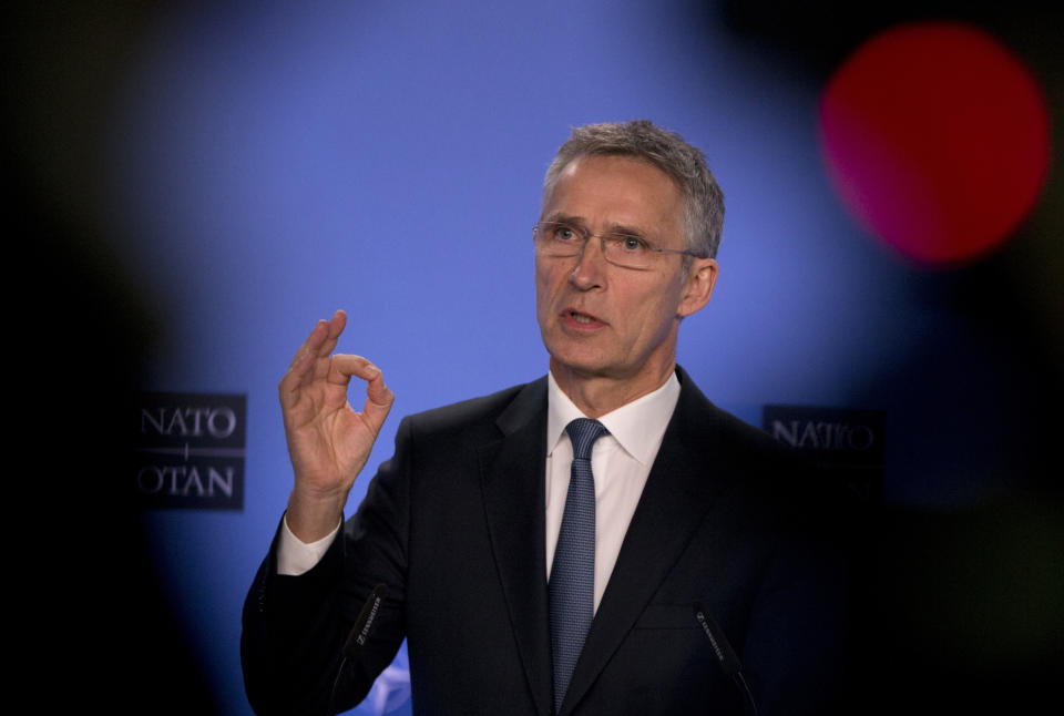 NATO Secretary General Jens Stoltenberg speaks during a media conference after a meeting of the NATO-Russia Council at NATO headquarters in Brussels, Friday, Jan. 25, 2019.