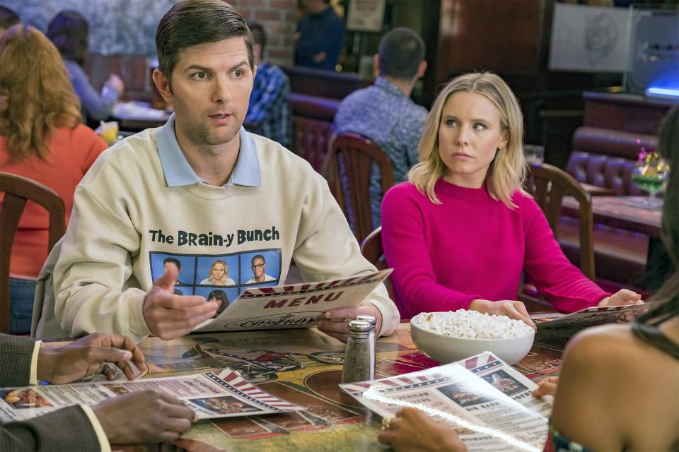THE GOOD PLACE -- "The Brainy Bunch" Episode 303 -- Pictured: (l-r) Adam Scott as Trevor, Kristen Bell as Eleanor -- (Photo by: Ron Batzdorff/NBCU Photo Bank/NBCUniversal via Getty Images via Getty Images)
