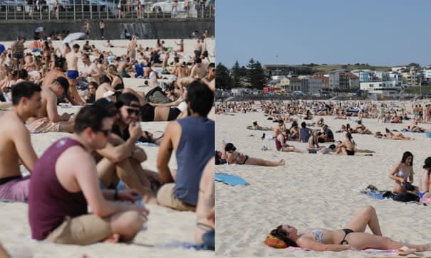 A composite showing two shots of Bondi beach, the left-hand side is taken with a 400mm lens and the right-hand side is a 28mm lens. Photograph: Carly Earl/The Guardian