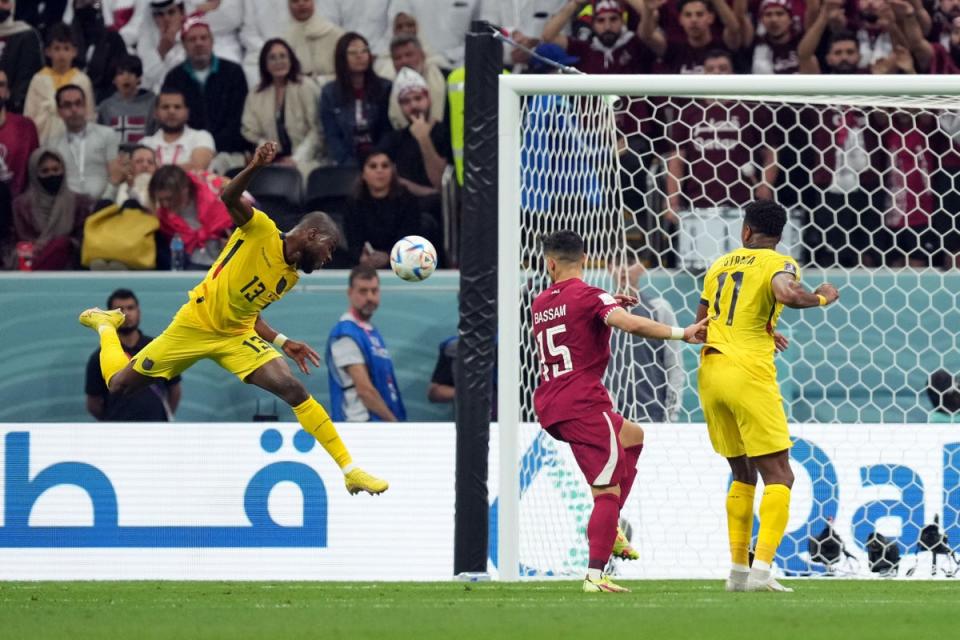 Enner Valencia heads Ecuador’s second goal against hosts Qatar in the opening match of the 2022 World Cup (Mike Egerton/PA) (PA Wire)