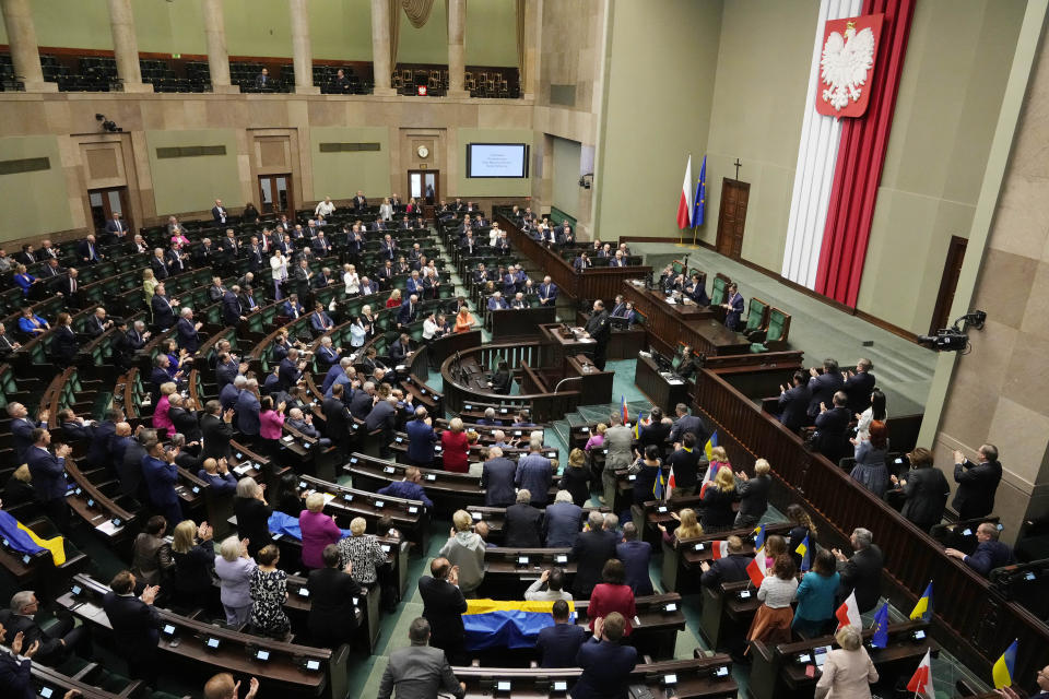 The chairman of the Ukrainian parliament, Ruslan Stefanchuk, speaks to Poland's lawmakers in Poland's parliament in Warsaw, Poland, Thursday, 25 May 2023 to thank Poland for military and humanitarian support for Ukraine fighting Russia's aggression and also encouraging reconciliation over painful mutual World War II history marked by mass murders. (AP Photo/Czarek Sokolowski)