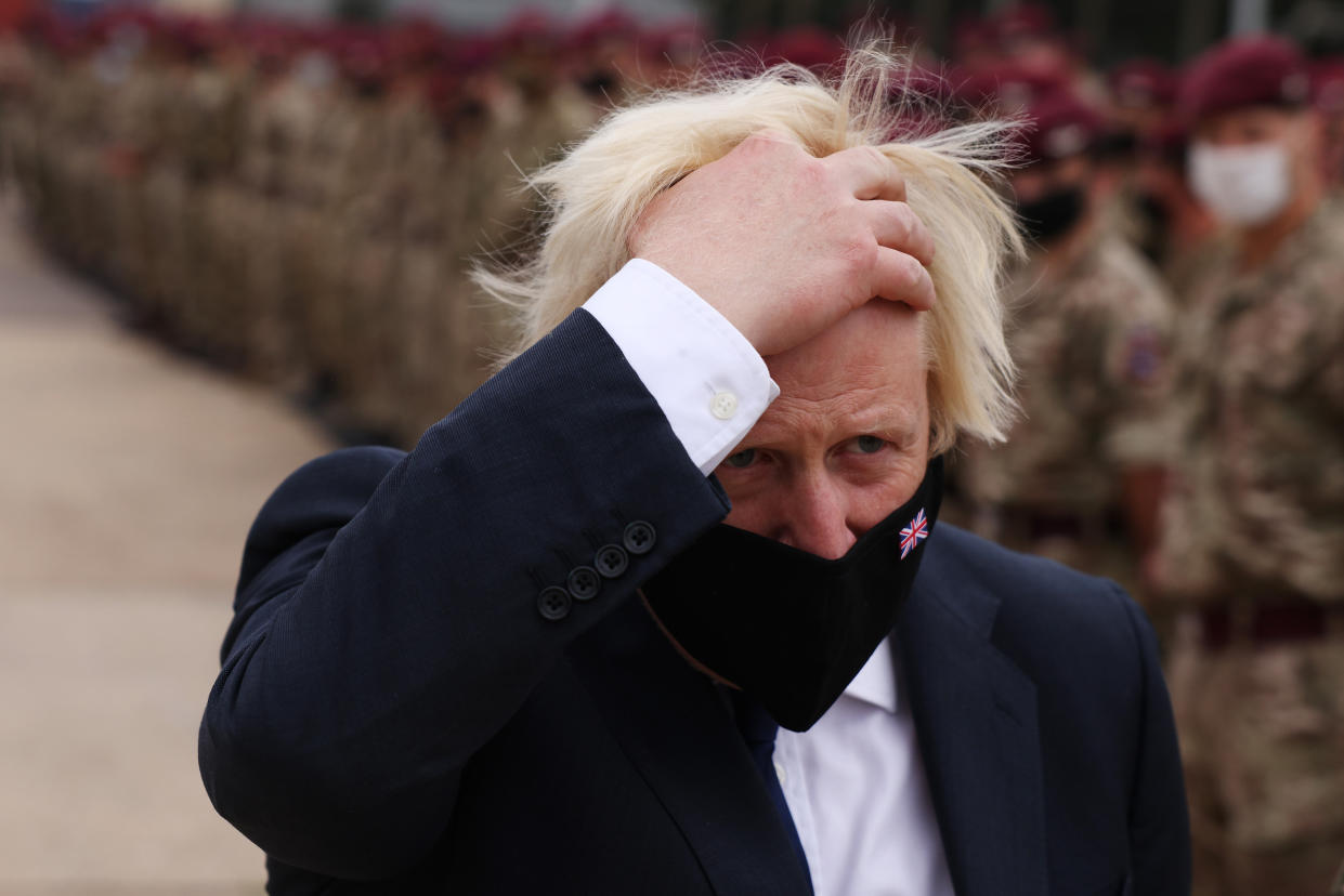 Prime Minister Boris Johnson during a visit to Merville Barracks in Colchester, Essex, to meet members of 16 Air Assault Brigade, following their recent deployment to Afghanistan to enable the safe evacuation of British nationals and Afghans who worked alongside British forces and who had been given the right to settle in the UK. Picture date: Thursday September 2, 2021.