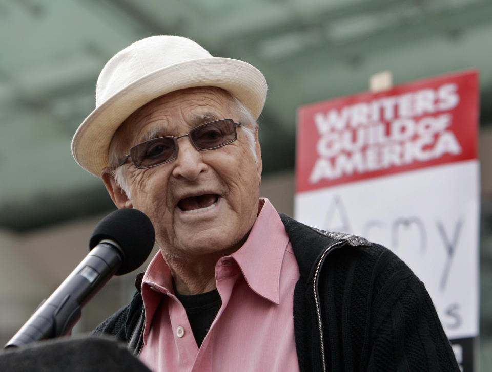 FILE - Producer Norman Lear speaks in support of thousands of Writers Guild of America (WGA) writers and others in the fifth day of their strike against the Alliance of Motion Picture and Television Producers (AMPTP) in a rally at Fox Plaza in Los Angeles' Century City district on Nov. 9, 2007. Lear, producer of TV's 'All in the Family' and influential liberal advocate, died Tuesday, Dec. 5, 2023, at 101. (AP Photo/Reed Saxon, File)