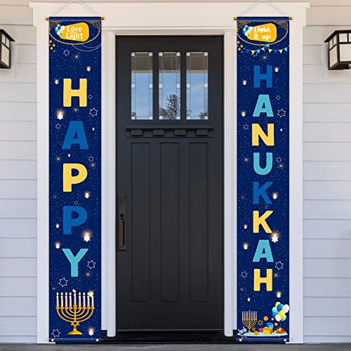 Aneco 2 Pieces Happy Hanukkah Decorations Banner Chanukah Welcome Porch Sign Porch Hanging Banner Light It Up Decorations Banner Sign for Hanukkah Party Outdoor Decor Blue