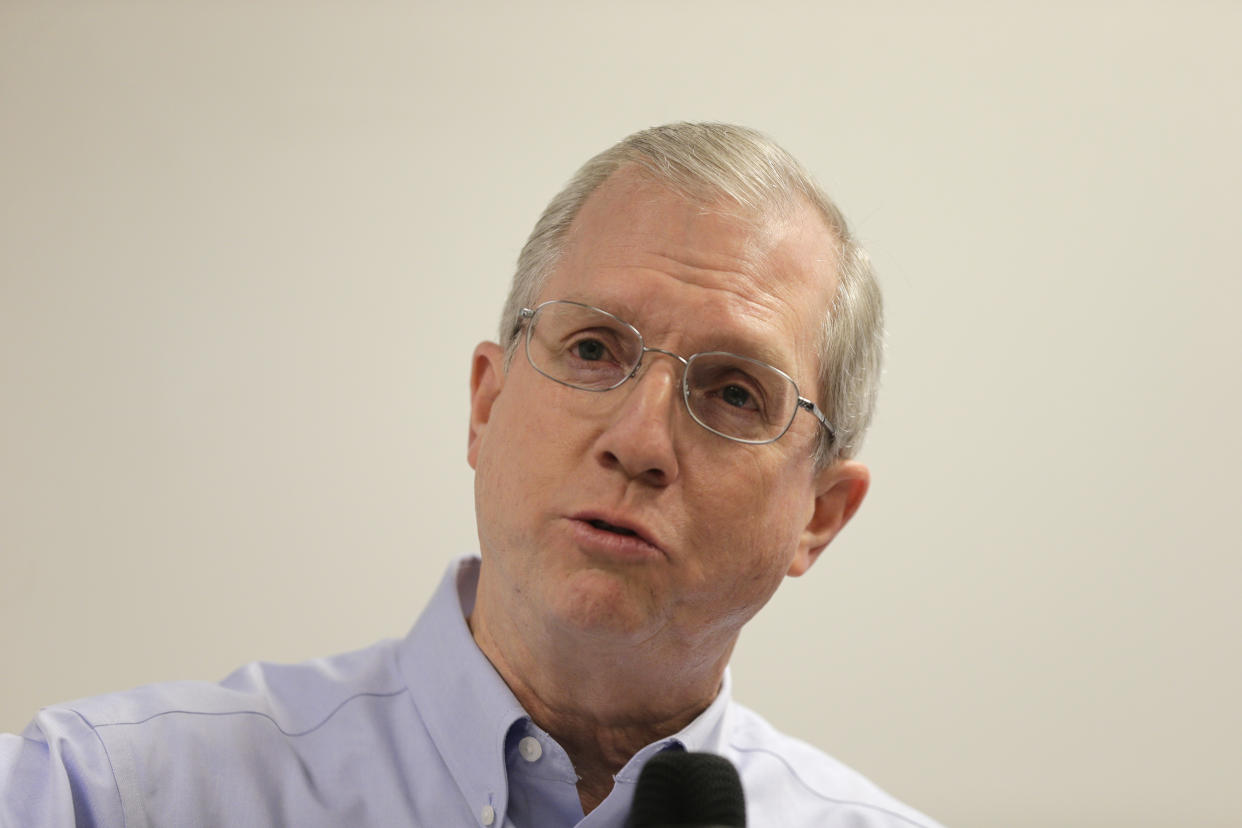 FILE - In a Sept. 21, 2016 file photo, Kevin Marsh, CEO of SCANA Corp., speaks to the media at the V.C. Summer Nuclear Station near Jenkinsville, S.C. The Securities and Exchange Commission sued SCANA Corp., its subsidiary South Carolina Electric & Gas along with the utility's former CEO Kevin Marsh and Executive Vice President Stephen Byrne on Thursday, Feb. 27, 2020. Federal officials say two former executives at a South Carolina utility, former CEO Kevin Marsh and Executive Vice President Stephen Byrne lied repeatedly to regulators and investors about the progress of construction of two nuclear reactors, taking hundreds of millions of dollars out of the pockets of investors and ratepayers. (AP Photo/Chuck Burton, File)