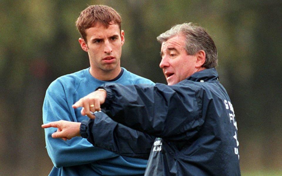 Terry Venables gives advice to new recruit Gareth Southgate during an England training session