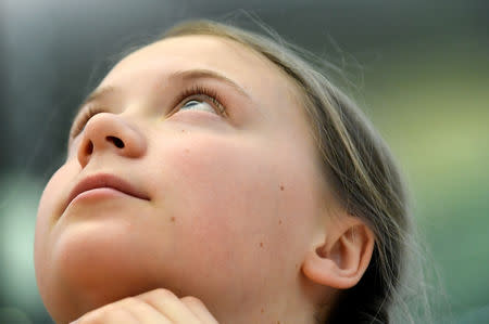 Swedish environmental activist Greta Thunberg looks on at the House of Commons as a guest of Caroline Lucas, in London, Britain April 23, 2019. REUTERS/Toby Melville