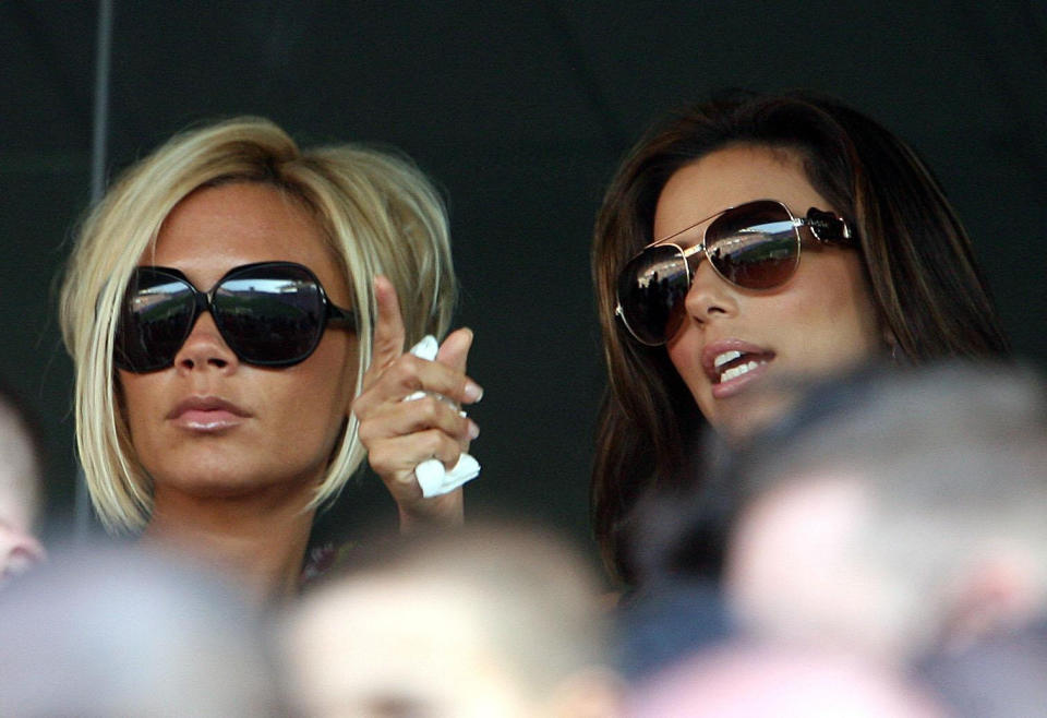 Victoria Beckham and actress Eva Longoria watch the friendly match between LA Galaxy and Chelsea at the Home Depot Center in Los Angeles, USA.