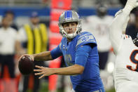 Detroit Lions quarterback Jared Goff looks downfield during the first half of an NFL football game against the Chicago Bears, Thursday, Nov. 25, 2021, in Detroit. (AP Photo/Paul Sancya)