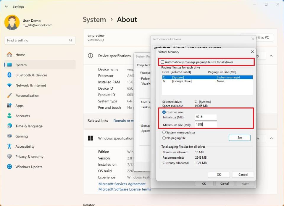 Virtual memory high performance settings