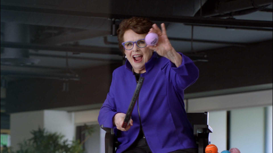 Billie Jean King serving facts for e.l.f. Beauty to Change the Board Game to support inclusivity.