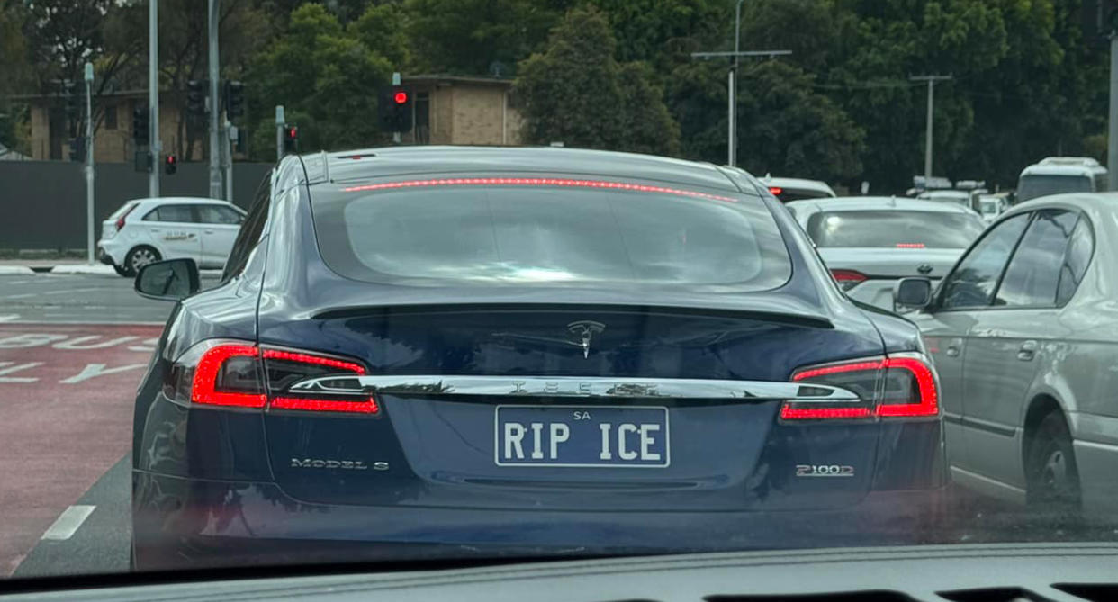 Tesla Model S with number plate 'RIP ICE' on South Australian road. 