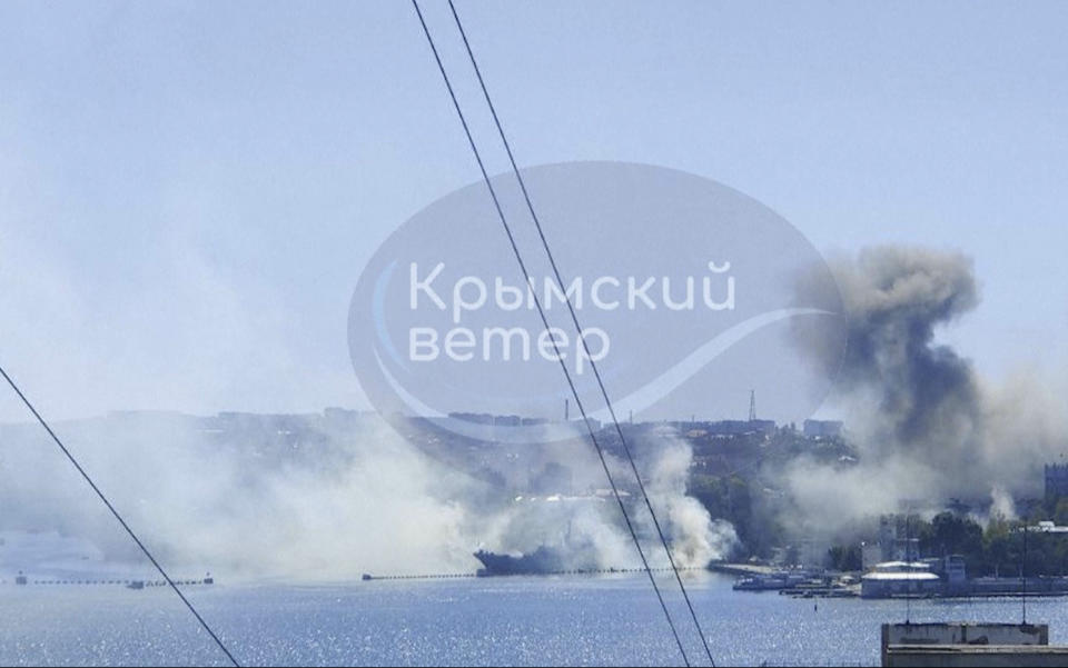 FILE - This image taken from video shows smoke rising from the headquarters of Russia's Black Sea Fleet in Sevastopol, Crimea. Sept. 22, 2023. Russia's Black Sea Fleet has suffered heavy damage from Ukrainian drone and missile attacks. (Crimean Telegram channel via AP, File)