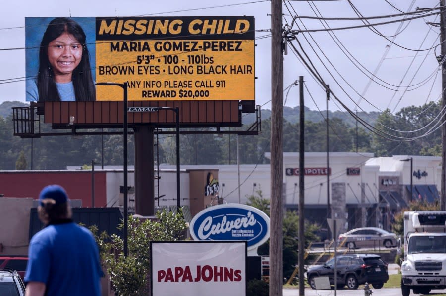 A billboard seeking information on the disappearance of Maria Gomez-Perez is shown in Gainesville, Ga., on Friday, July 26, 2024. The 12-year-old girl was found by investigators and recovered in Ohio on Thursday, July 25, 2024 (Scott Rogers/The Times via AP)