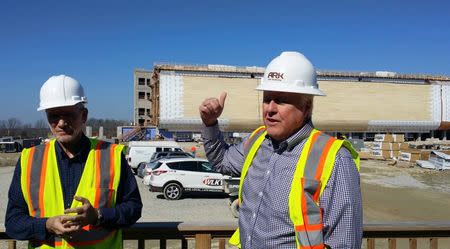 Ken Ham (L) and Mark Looy, fuonders of Answers in Genesis, speak to the media during a tour of the 510-foot boat for the Noah's Ark attraction Ark Encounter in Williamstown, Kentucky, February 20, 2016. REUTERS/Steve Bittenbender