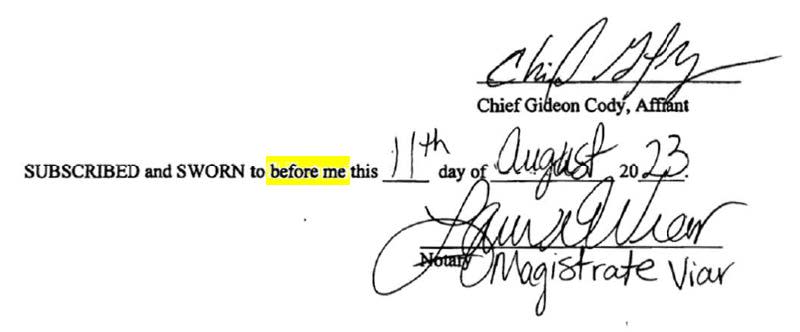 This image of a search warrant application, with "before me" highlighted, appears in federal court documents