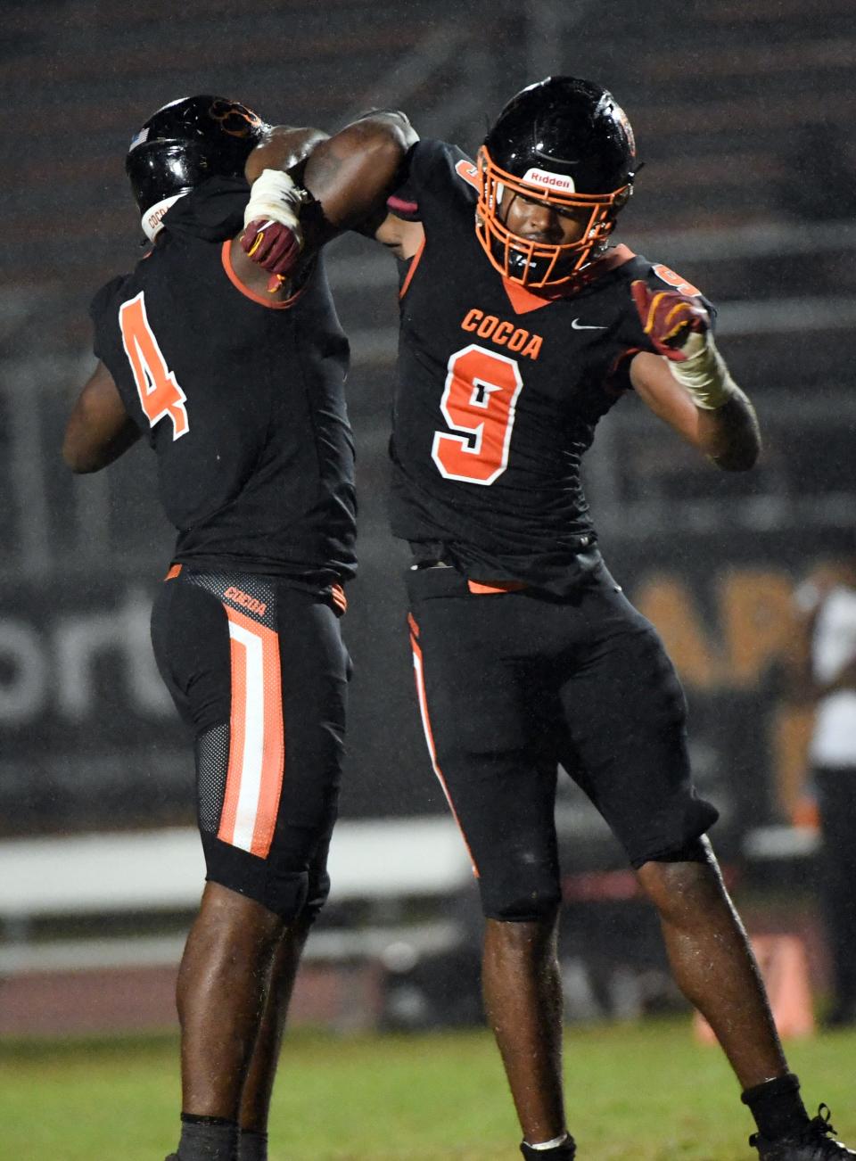 Javion Hilson celebrates a touchdown with teammate Davison Hawkins-Ingram during the game against Dunnellon in the FHSAA football playoffs Friday, November 17, 2023. Craig Bailey/FLORIDA TODAY via USA TODAY NETWORK