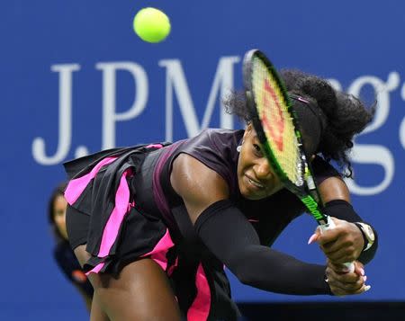 Sept 7, 2016; New York, NY, USA; Serena Williams of the USA hits a shot to Simona Halep of Romania on day ten of the 2016 U.S. Open tennis tournament at USTA Billie Jean King National Tennis Center. Robert Deutsch-USA TODAY Sports