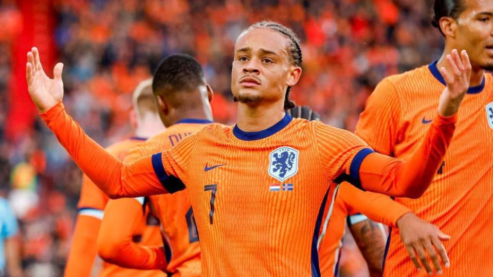 Xavi Simons celebrates his first Netherlands goal