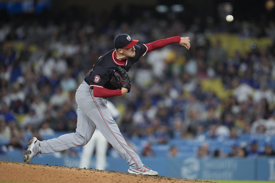 Washington Nationals pitcher Patrick Corbin throws to a Los Angeles Dodgers batter during the fourth inning of a baseball game Tuesday, April 16, 2024, in Los Angeles. (AP Photo/Marcio Jose Sanchez)