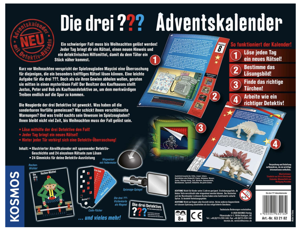 Action und Spannung erwartet Kinder ab 8 Jahren mit dem „Die drei ???- Adventskalender“. (Bild: Amazon)