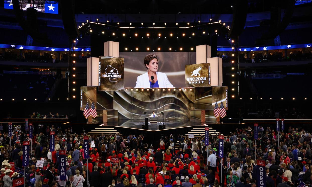 <span>The Arizona Senate candidate Kari Lake speaks on stage on the second day of the Republican national convention in Milwaukee, Wisconsin.</span><span>Photograph: Chip Somodevilla/Getty Images</span>